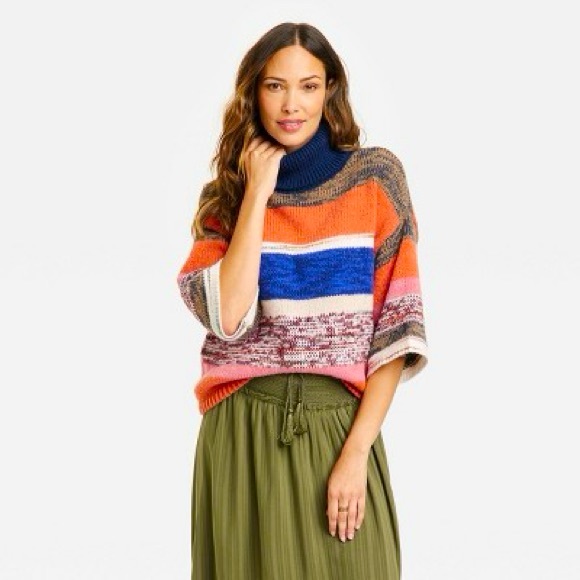 Knox Rose Sweaters - KNOX ROSE™ Cozy Colorful Striped Knit Turtleneck Sweater w 3/4 length Sleeves